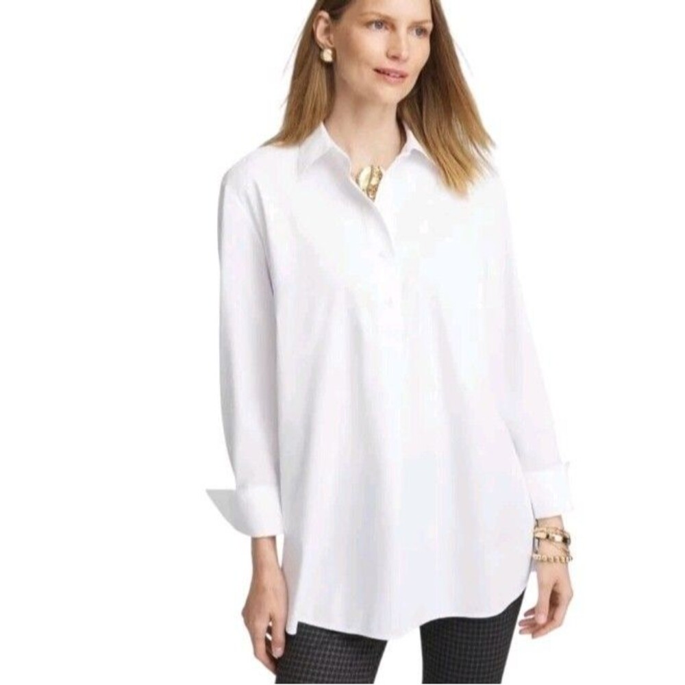 Chico's No Iron Button Down Tunic Womens 2.5 (14-L)  White Minimalist Preppy